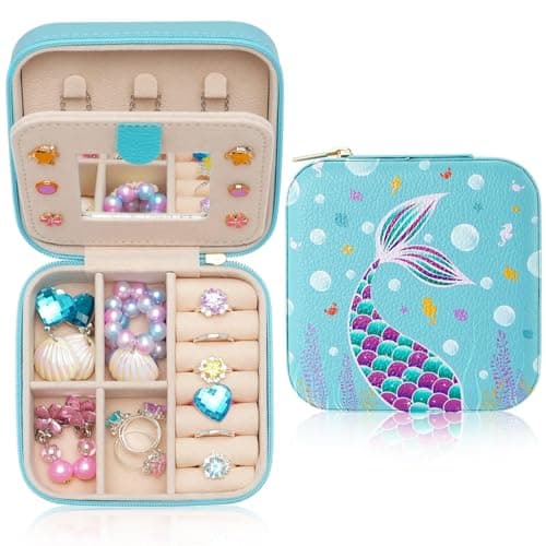 Image of WERNNSAI Small Jewellery Box for Girls, Mermaid Travel Jewelry Box with Mirror, Portable Jewellery Storage Case, Waterproof Jewelry Organizer for Kids, Gift for Birthdays and Christmas