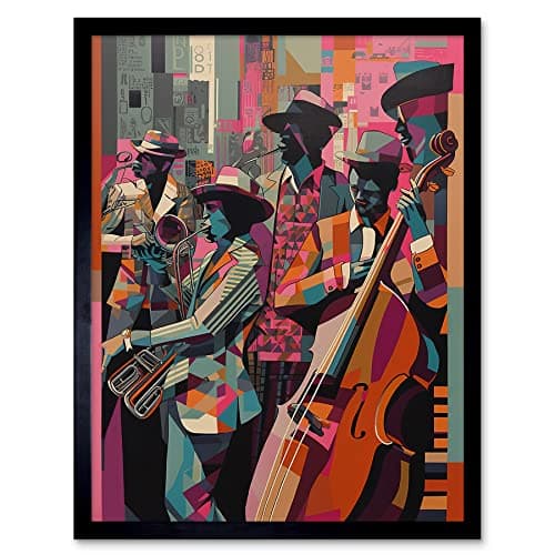 Image of Artery8 New Orleans Jazz Festival Musicians Warming Up in the City Street Abstract Modern Painting Art Print Framed Poster Wall Decor 12x16 inch