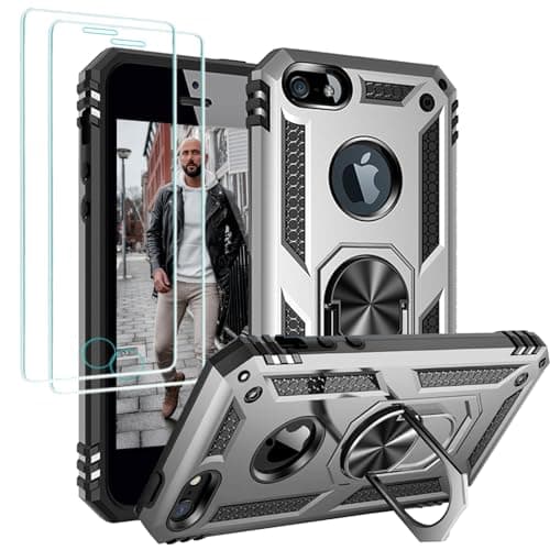 Image of Jeylly for iPhone 5/5S/SE Case, iPhone SE 2016 Case Shock Absorption Drop Protection Rugged Cover with Rotatable Metal Ring Stand [Support Magnetic Car Mount], Sliver/Black