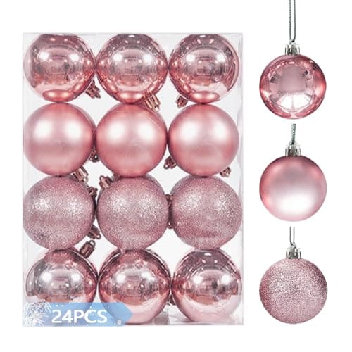 Image of 24PCS Shatterproof Christmas Balls Ornaments, 4cm/1.57", Pre-Strung Hanging Xmas Tree Decorations, 3 Styles for Christmas/Halloween/Wedding/Birthday Party (Rose Gold)