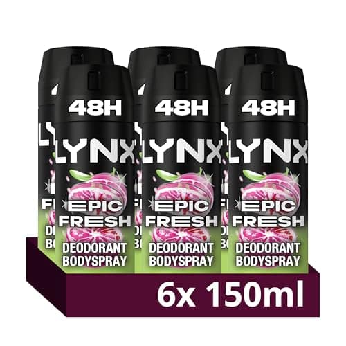 Image of Lynx Men Epic Fresh grapefruit & tropical pineapple scent Deodorant Body Spray for 48 hours high definition fragrance 150 ml, Pack of 6