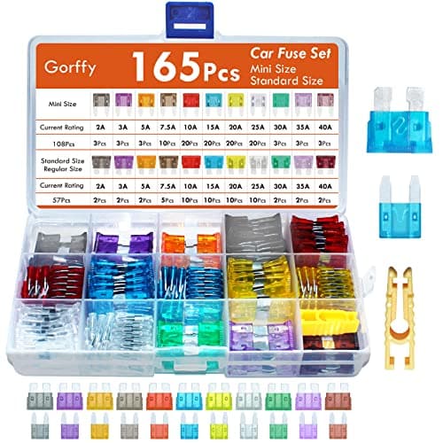 Image of Car fuses 165Pcs, Gorffy Car Fuse Assorted 108 Mini + 57 Standard Blade Fuses 2A 3A 5A 7.5A10A 15A 20A 25A 30A 40A with Storage Case and Fuse Extrator for Automotive ATM/ATC/ATO