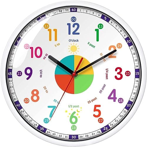 Image of EMITDOOG Kids Wall Clock, Adorable Telling Time Wall Clock Quiet Non Ticking Colorful Learning Clock for Girls Boys Bedroom Nursery Classroom Livingroom 12inch
