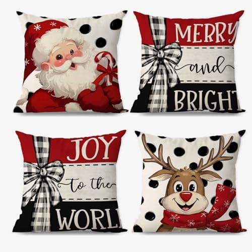 Image of AIBIIN Merry Christmas Pillow Covers Set of 4 Linen Xmas Pillowcase Christmas Reindeer Santa Claus Cushion Covers Living Room Sofa Decoration 45x45cm