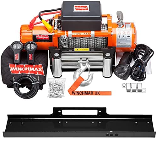 Image of WINCHMAX 13,500lb (6,123kg) Original Orange 12v Electric Winch. 26m x 9.5mm Steel Rope. 3/8 inch Hook, Flat Bed Mounting Plate.