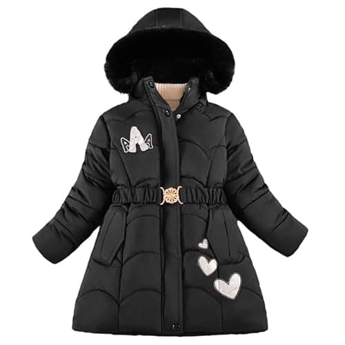 Image of Runstarshow Girls' Winter Parka Coat, Padded, Hooded, Faux Fur Collar, Fleece Lined, Belted, Pockets, Pom Poms, Black, 11-12 Years, Girls, Casual, Outdoor Activities