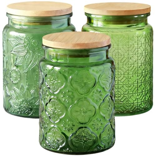 Image of Tel Charme * 3-Pack 700ml Glass Jars with Bamboo Lids, Airtight Vintage Glass Storage Canisters for Kitchen Pantry Coffee Sugar Tea Flour Snacks (Green)