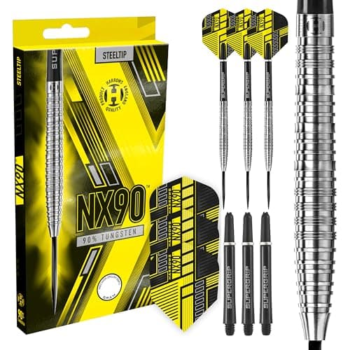 Image of Harrows NX90 Tapered 90% Tungsten Steel Tip Darts Set (23g) - Includes Black Supergrip Midi Shafts | Professional Darts
