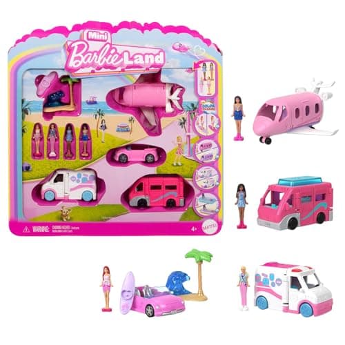 Image of Barbie Mini Barbie Land 4-Pack Doll & Toy Vehicle Set with 4 1.5-inch Dolls & 4 Iconic Toy Vehicles with Color-Change Surprise, JGL30
