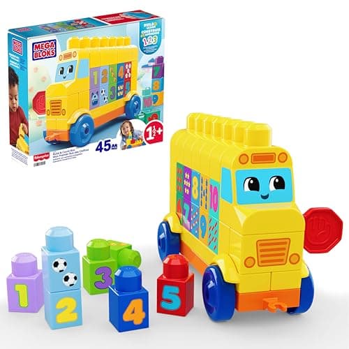 Image of MEGA BLOKS First Builders Toddler Block Toys Set, Build & Count Bus 45 Pieces, Learn Numbers and Counting, Yellow, Ages 1+ Years, JKG34