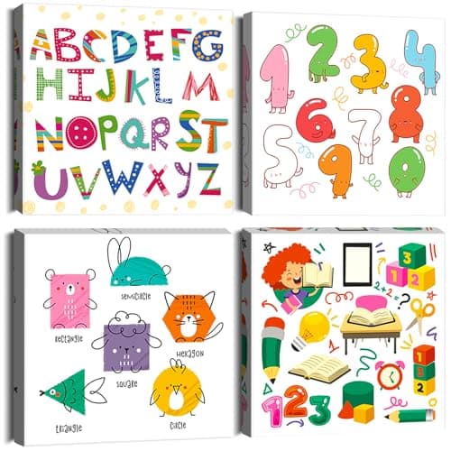 Image of Artscope 4 Pieces Wall Art Canvas Prints - Colorful Education Picture Painting- Modern Wall Artwork Framed for Bathroom Home Office Decor - 30 x 30 CM