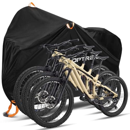 Image of toptrek Bike Cover, 210D Bike Covers for Outside Storage 3 Bike with Lock Holes, 220 x 120 x110cm Bicycle Cover Waterproof Outdoor with Lock Holes and Storage Bag, Rain Cover for Mountain & Road Bike