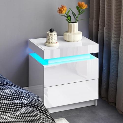 Image of LEMROE Bedside Table with 2 Drawers White, High Gloss Fronts & Adjustable 7 Colors Lights, Bedroom Filp Top LED Cabinet, Modern Nightstand for Home Living Room