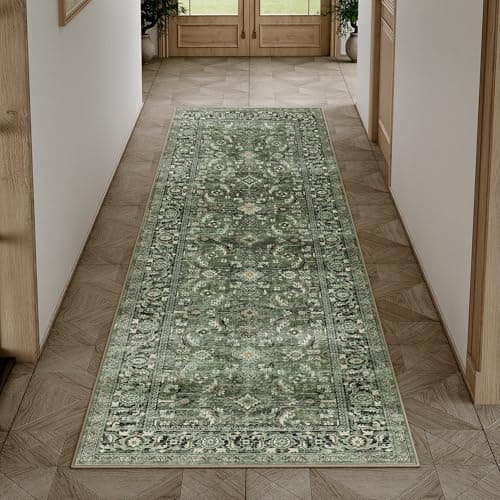Image of HUGEAR Vintage Hallway Runner Green Long Area Rug 60x240cm Washable Non Slip Rugs Lounge Bedroom Kitchen Bedside Office Indoor Carpet Low Pile Carpets Runners