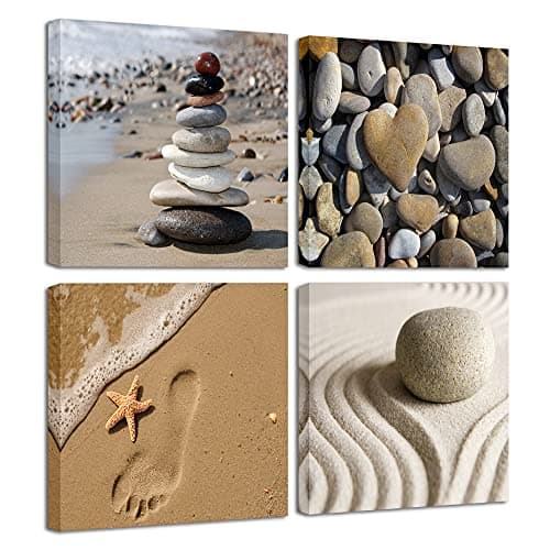 Image of Wieco Art - Canvas Prints Wall Art 4 x 20" x 20" Romantic Pictures Paintings for Living Room Kitchen Home Decor Stretched and Framed Beach Theme Zen Stone Artwork L