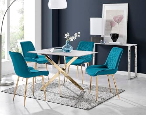 Image of Furniturebox UK Leonardo White Glass Marble Effect Gold Leg Table & 4 Blue Pesaro Gold Leg Chairs