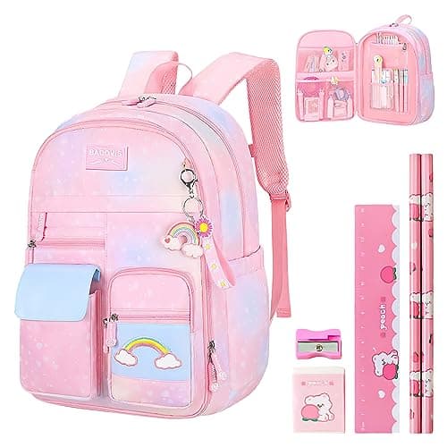 Image of Aedcbaide School Bags for Girls with Stationery Set, Refrigerator Door Kids Backpack Rucksack for Primary School, Lightweight Pink School Bag for 8-10 Years Old (Girls, Pink)