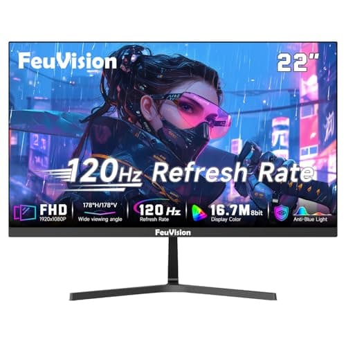 Image of FeuVision 22 inch Computer Monitor, FHD 1080p, 120Hz PC Monitor, 99% sRGB, 5 ms, 3-Sided Frameless, Ultra Slim, VESA Mountable, Anti-Blue Light Design, Tilt Adjust, HDMI, VGA