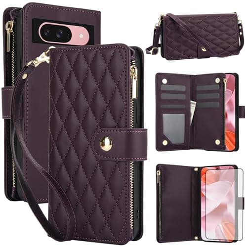 Image of Asuwish Phone Case for Google Pixel 9/9 Pro/10/10 Pro 5G with Screen Protector and Zipper Wallet Cover Card Holder Slot Stand Flip Cell Accessories Pixel9 9Pro/Pixel10 10Pro Nine Ten Women Dark Purple