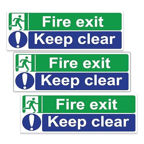 Image of stcky Fire Exit Sign - 30cm x 10cm Ideal Sized Fire Exit Arrow Self Adhesive Vinyl Signs [Pack of 3] (Fire Exit Keep Clear)