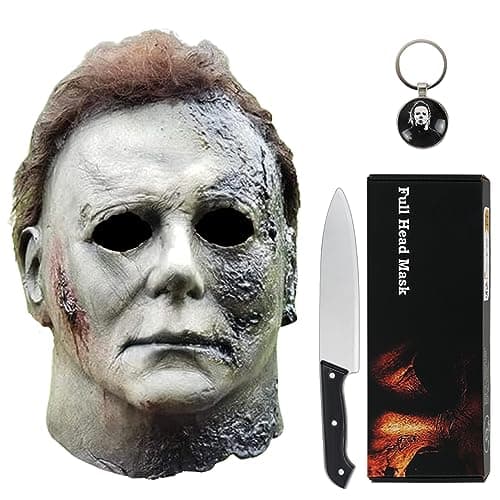 Image of Noufun Michael Myers Mask Covering Halloween Face Cover Horror Latex Scar Face Mask with Hair, Includes Knife and Keychain, Halloweens Decoration Props, Halloween Kills 2021