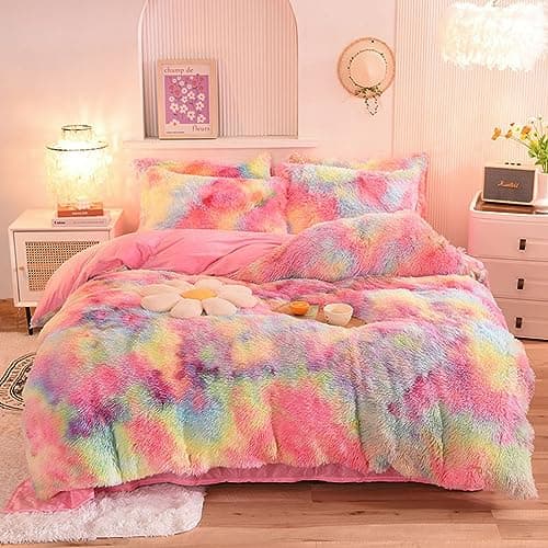 Image of ZIQINPSQ Plush Shaggy Duvet Cover Set,Tie Dye Faux Fur Bedding Set for Teens Girls Soft Velvet Fluffy Fuzzy Comforter Cover Bed Set (Pink, Double)