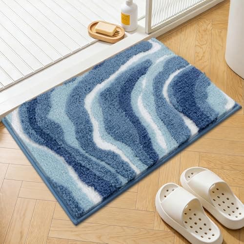 Image of Enyhom Extra Large Bath Mat 80 x 120 cm, Non Slip Machine Washable Bathroom Mat, Super Absorbent Soft Bathroom Carpet Floor Mats, Quick Dry Blue Shower Bath Rug Foot Mats for Bathroom Floor, Bathtub