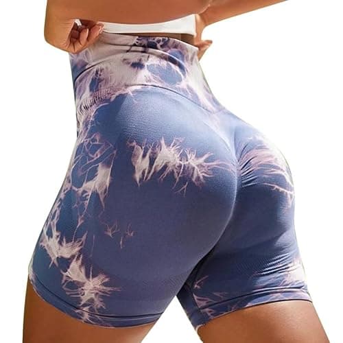 Image of Litthing Women Gym Shorts Tie Dye High Waisted Seamless Workout Cycling Shorts Scrunch Butt Shorts Tummy Control Yoga Shorts Quick Dry Sport Short for Running Fitness Workout
