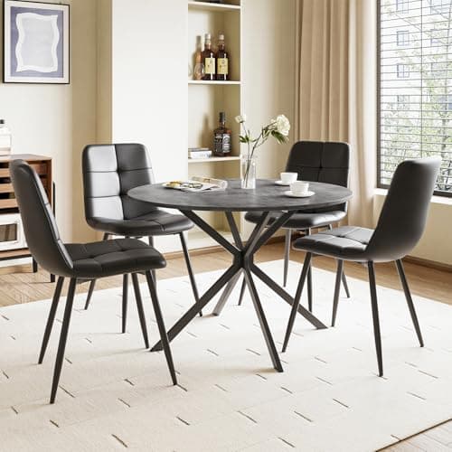 Image of Luxstein Round Dining Table and Chairs Set 4, 100cm Concrete Effect Folding Table with 4 Black Upholstered PU Leather Chairs for Dining Room, Kitchen