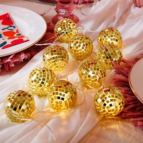 Image of Talking Tables Gold Mirror Disco Outdor or Indoor Fairy String Lights-Warm Glow | Fun Decorations Birthday, Christmas or NYE Party, Home Décor | LED Battery Operated | 10 Balls | Length 1.6m