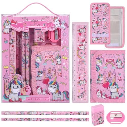 Image of JIANTA Unicorn Stationery Set, School Stationery Set Include 2 Pencils, Coin Purse, Ruler, Eraser and Pencil Sharpener, Unicorn Birthday Gifts for Girls and Boys