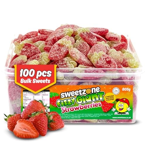 Image of Sweetzone Fizzy Giant Strawberry Gummy Sweets, Fruity Sour Sweets, Halal Sweet Multipack, Bulk Sweet Tubs of Strawberries, Chewy Gummies for Kids, 800g Tub with 100 Gummy Pieces