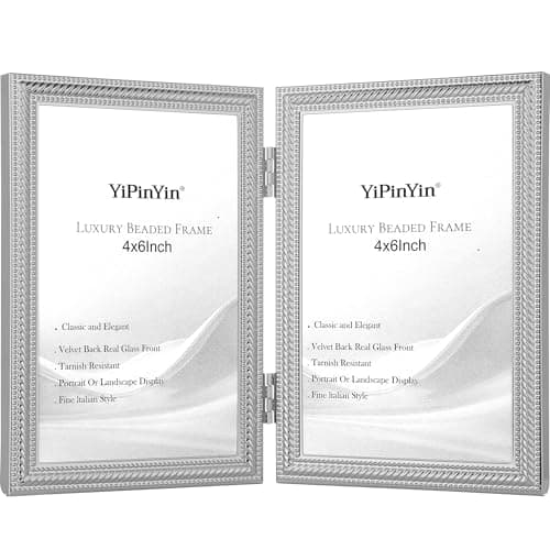 Image of Elegant Silver Plated 4x6'' Double Picture Frame,Beaded Metal Frame 6x4'' with Real Glass & Velvet Backing,Hi End Classy Silver Double Frame 6x4'' for Desktop Or Shelf Display