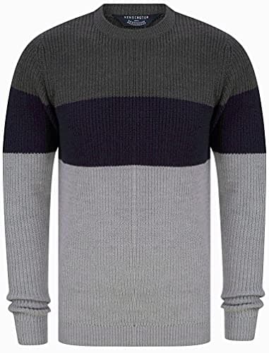 Image of Kensington Eastside Men's Levy Colour Block Crew Neck Knitted Jumper - Dark Grey Marl- XL