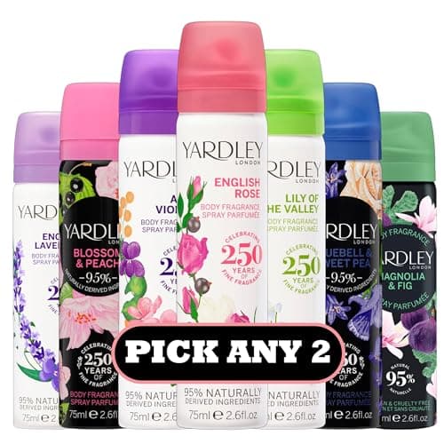 Image of Yardley London Body Fragrance Spray 75ml – Pick Any 2 – Long-Lasting Body Spray for Women – 95% Naturally Derived Ingredients – English Rose, Lavender, Violet, Peach, Lily, Bluebell, Magnolia Scents