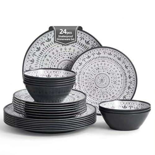 Image of La Joventino 24PCS Melamine Dinnerware Set for 8 People, Durable Tableware for Camping, Picnic Plates & Bowls, Ideal for Caravan, Patio, Garden Party