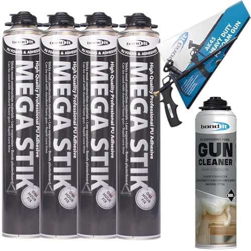 Image of Bond It Mega Stik 750ml PU Plasterboard Adhesive Foam (x4 Pack) with Professional Foam Gun & Cleaner – Heavy Duty Construction Adhesive for Plasterboard, Insulation, Wood & Flooring Applications