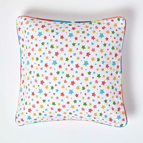 Image of HOMESCAPES - 100% Cotton - Stars - Cushion Cover - 45 x 45 cm Square - 18 x 18 Inches - Multi Colour Orange Red Blue Yellow - 100% Cotton Sofa Pillow Cushion Cover - Washable