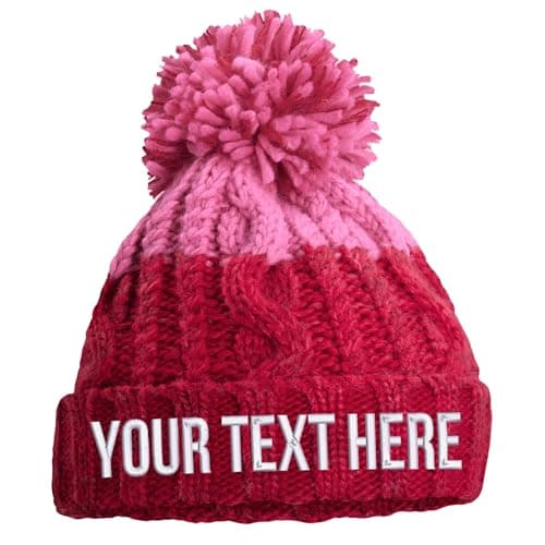Image of Purple Print House Embroidered Apres Beanie Bobble Hat Custom Text Personalised Writing Winter Autumn Skiing Two Colour, One Size, Red/Pink