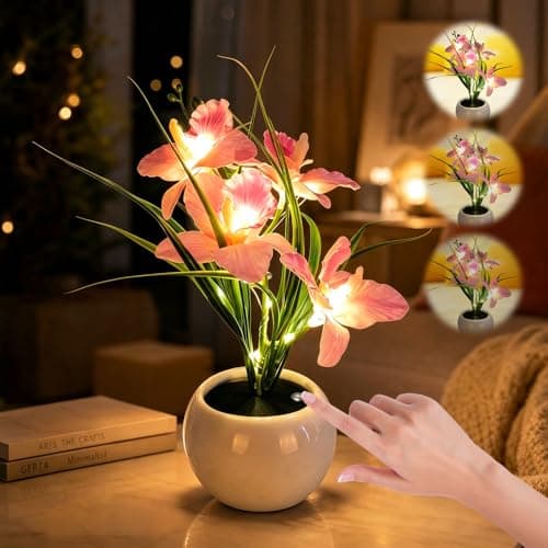 Image of YOFHPT LED Flower Lamp, 29cm Flower Vase Lamp, USB Rechargeable Orchid Flo-wer Light, Artificial Flo-wer Night Light with Touch Dimming for Bedroom, Living Room, Party, Hotel Decor (Pink)
