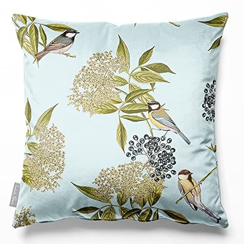 Image of Izabela Peters Cushions With Covers Included, Filled Cushion, Eco-Friendly Velvet Cushions, 45 cm, Bird on Elderflower - Duck Egg Blue, Chair Cushions, Sofa Cushions, Seat Cushions