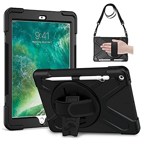 Image of Gerutek for iPad 6th/5th Generation Case 9.7 inch 2018/2017, Shockproof Heavy Duty Rugged iPad Case with [360 Rotating Hand Strap & Stand][Pencil Holder] Protective Case for iPad 6th/5th Gen, Black