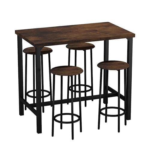 Image of URBNLIVING CANCUN Bar Table and Stools Set – Industrial Kitchen Dining Breakfast Counter Furniture with 2 or 4 Chairs, Space-Saving Design for Home & Small Spaces - 5 Piece - Rustic Brown