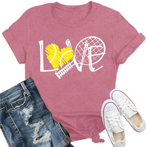 Image of Qskall Women's T-Shirts Cute Tennis Heart Shirt Tennis Lover Tee Tops Pink