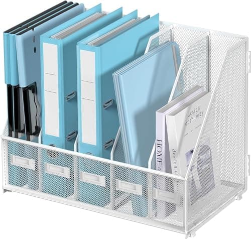 Image of SUPTIDY Metal Magazine File Holder for Desk with 5 Vertical Compartments, Magazine Rack Desk Tidy Organiser for Office, Home Workspace, White Plus
