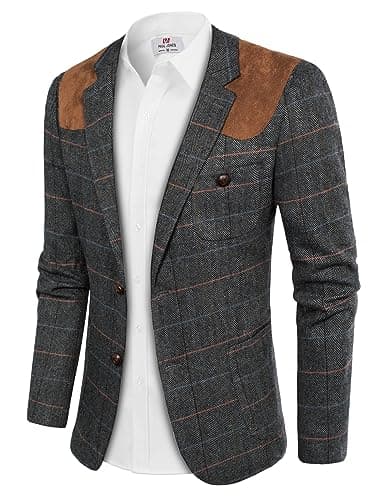Image of PJ PAUL JONES Men's Blazer Herringbone Tweed Sport Coats Two Button Wool Blend Formal Jacket, Dark Grey, XXL