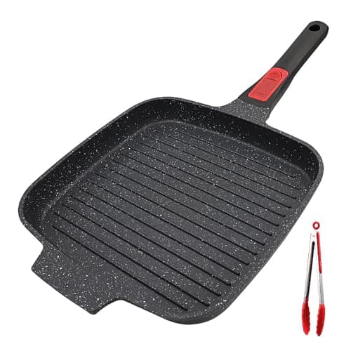 Image of RANX INGST Griddle Pan with Detachable Handle, 24 cm Cast Aluminium Non Stick Steak Pan for Induction Hob, Black