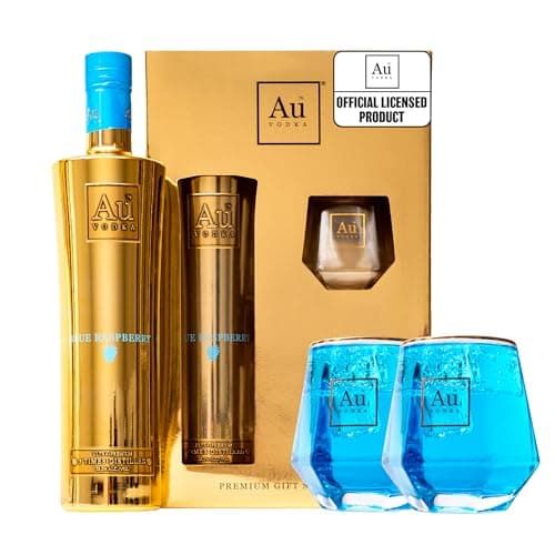 Image of Au Vodka Gift Set - Blue Raspberry Flavoured Vodka 70 cl & 2 x Diamond Cut Gold Glasses - Official Licensed - Birthday Gifts for Men and Women - Premium Alcohol Gift Set for Him & Her, Fathers Day