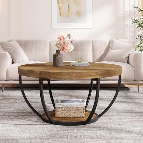 Image of Tribesigns Round Coffee Table, Industrial 2-Tier Circle Coffee Table with Storage Shelves, Modern Wooden Accent Center Table Sofa Side Table for Living Room, Light brown