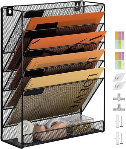 Image of PLSOPPKG 6 Tier Hanging Wall File Holder Magazine Document A4 Mesh wall pocket organiser Mail Organiser Magazine Storage Rack,Durable Desktop File Organizer Black
